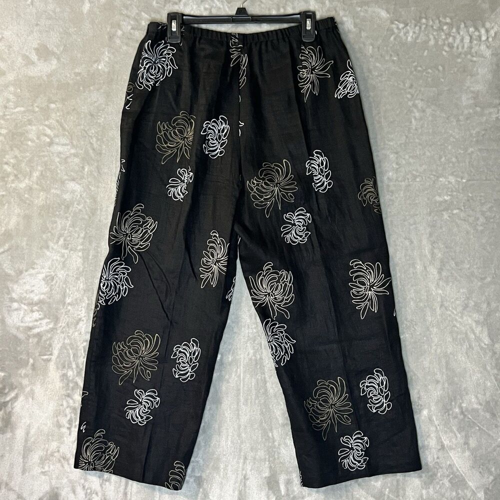 Amanda Smith 100% Linen Women’s Black Floral Boho Cropped Wide Leg Pants Size M
